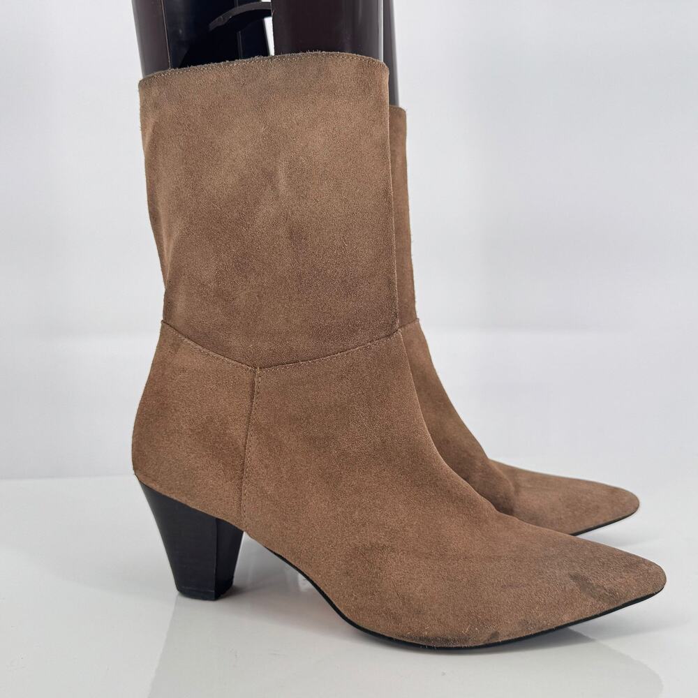 Zara Womens Soft Suede Beige Geometric Heels Ankle Boots Sz 8 Boho Western